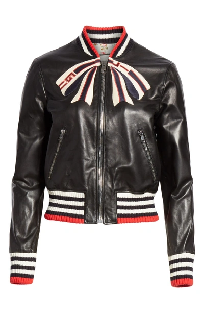 Shop Gucci Bow Leather Bomber Jacket In 1082 Black/ Multicolor