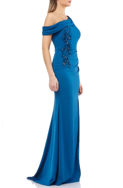 Shop Carmen Marc Valvo Infusion One-shoulder Crepe Gown In Persian Blue