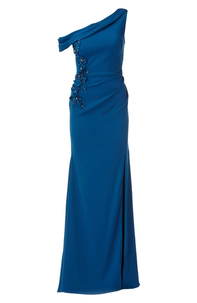 Shop Carmen Marc Valvo Infusion One-shoulder Crepe Gown In Persian Blue