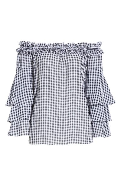Shop Michael Kors Gingham Tiered Sleeve Off The Shoulder Top In Black/ Optic White