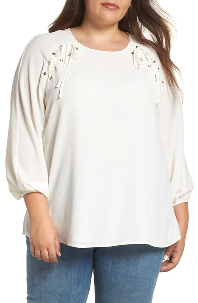 Shop Vince Camuto Lace-up Shoulder Top In Pearl Ivory