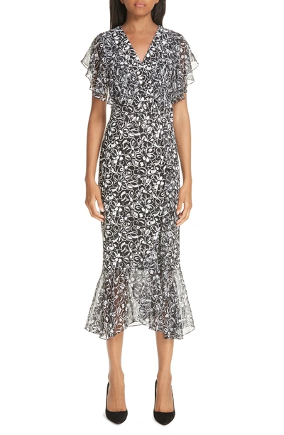 Shop Michael Kors Painterly Floral Belted Ruffle Trim Dress In Black/ Optic White