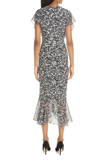 Shop Michael Kors Painterly Floral Belted Ruffle Trim Dress In Black/ Optic White