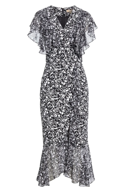 Shop Michael Kors Painterly Floral Belted Ruffle Trim Dress In Black/ Optic White