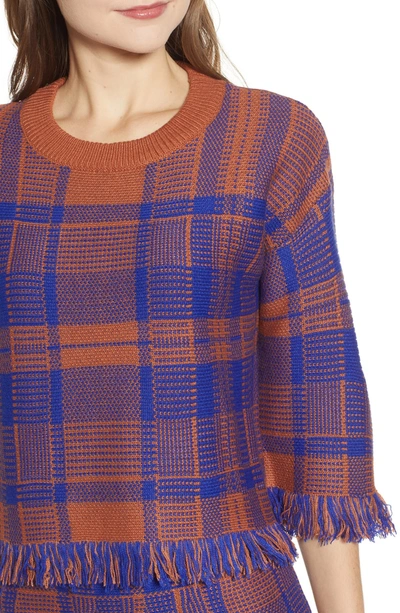 Shop Moon River Plaid Fringe Hem Sweater In Brown