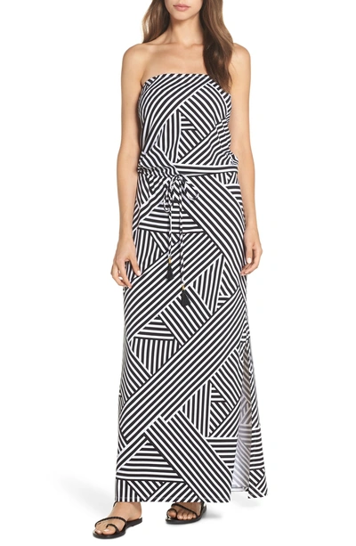 Shop Tommy Bahama Fractured Stripe Bandeau Cover-up Maxi Dress In Black/ White