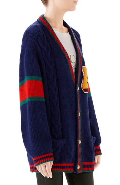 Shop Gucci Wool Cable Knit Varsity Cardigan In 4206 Blue/ Multicolor