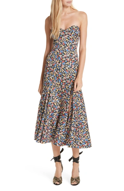 Shop Veronica Beard Annika Floral Print Strapless Stretch Silk Dress In Black Multi