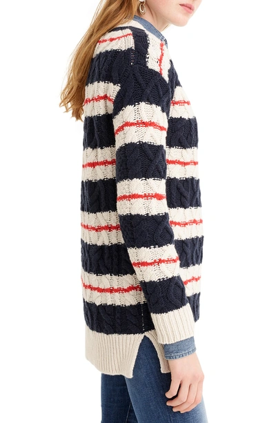 Shop Jcrew Stripe Cable Knit Tunic Sweater In Natural Navy Cerise