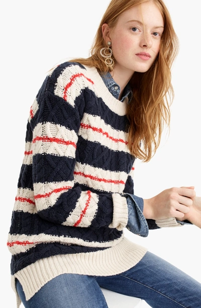 Shop Jcrew Stripe Cable Knit Tunic Sweater In Natural Navy Cerise