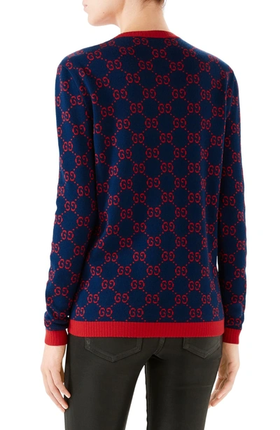 Shop Gucci Gg Logo Jacquard Sweater In 4668 Blue/ Red