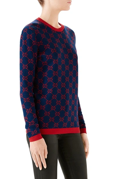 Shop Gucci Gg Logo Jacquard Sweater In 4668 Blue/ Red