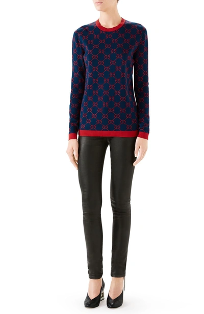 Shop Gucci Gg Logo Jacquard Sweater In 4668 Blue/ Red