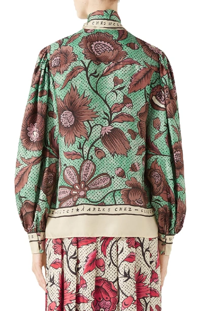 Shop Gucci Watercolor Floral Print Tie Neck Silk Blouse In 2125 Brown/ Green Printed