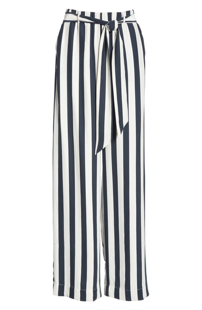 Shop Frame Belted Stripe Wide Leg Silk Pants In Navy Multi