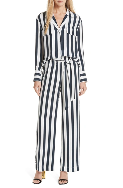 Shop Frame Belted Stripe Wide Leg Silk Pants In Navy Multi