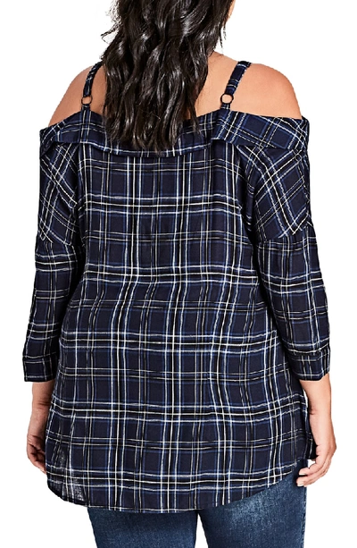 Shop City Chic Chic Chic Reality Check Cold Shoulder Top In Navy/ Blue Check
