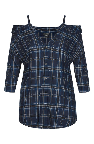 Shop City Chic Chic Chic Reality Check Cold Shoulder Top In Navy/ Blue Check