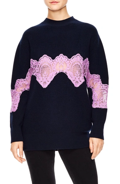 Shop Sandro Lace Detail Sweater In Deep Navy