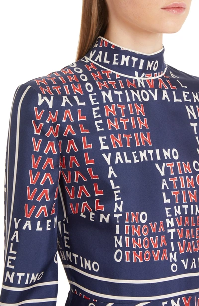 Shop Valentino Puzzle Print Silk Twill Dress In Brick/ Pure Blue