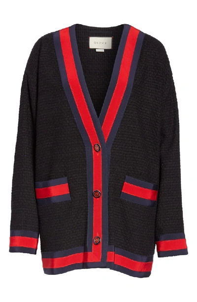 Shop Gucci Ribbon Trim Tweed Cardigan In 1301 Black/ B/ R/ B