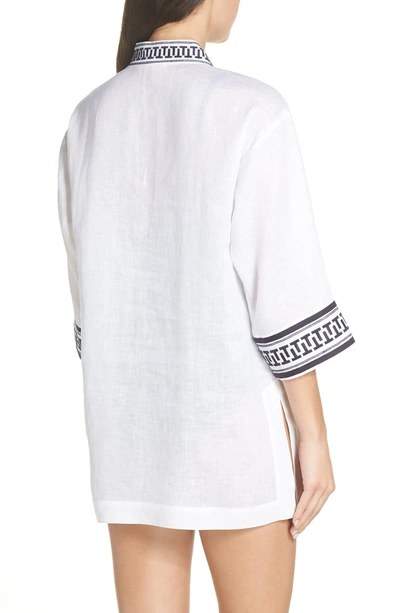 Shop Tory Burch Embroidered Cover-up Tunic In White/ Navy