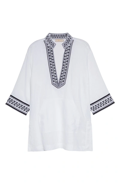 Shop Tory Burch Embroidered Cover-up Tunic In White/ Navy