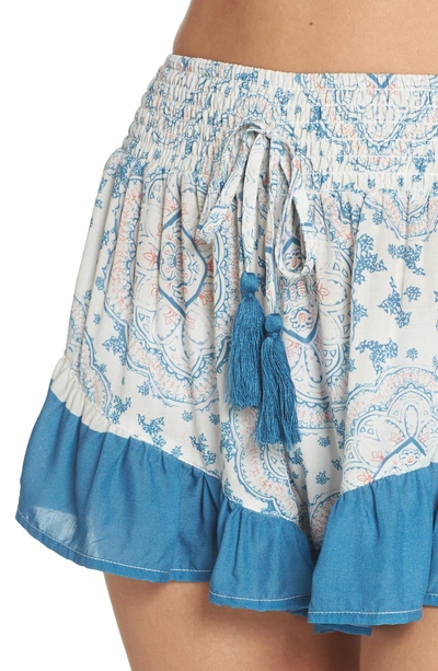 Shop Surf Gypsy Print Stripe Ruffle Cover-up Shorts In Blue/ Ivory