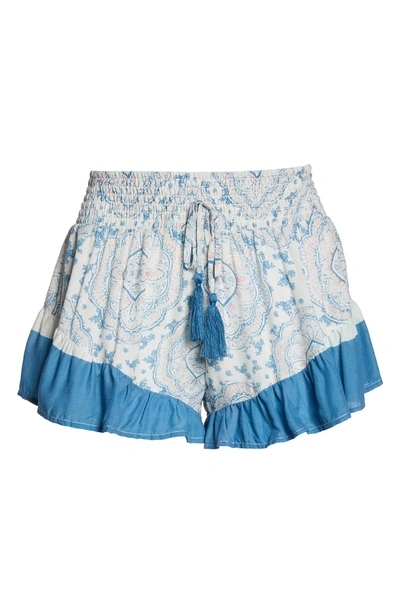 Shop Surf Gypsy Print Stripe Ruffle Cover-up Shorts In Blue/ Ivory