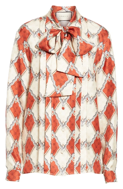 Shop Gucci Rhombus Print Silk Tie Neck Blouse In 6547 Red/ Ivory Printed