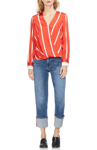 Shop Vince Camuto Stripe Faux Wrap Top In Mandarin Red