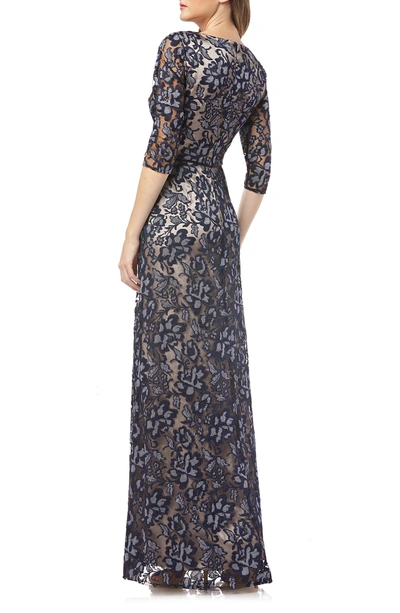 Shop Js Collections Floral Embroidered Mesh Gown In Navy/ Silver