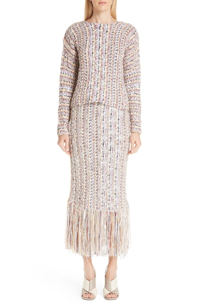 Shop Adam Lippes Fringe Hem Tweed Skirt In Ivory/ Pink Multi