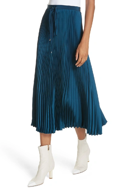 Shop Tibi Mendini Twill Pleated Skirt In Teal Blue