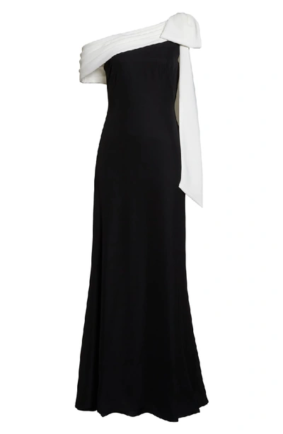 Shop Tadashi Shoji One-shoulder Crepe Column Gown In Black/ White