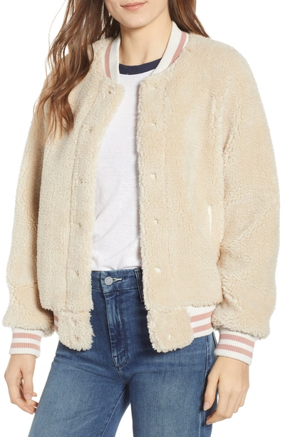 Shop Mother The Snap Faux Shearling Letterman Jacket In Cream Delux Twill