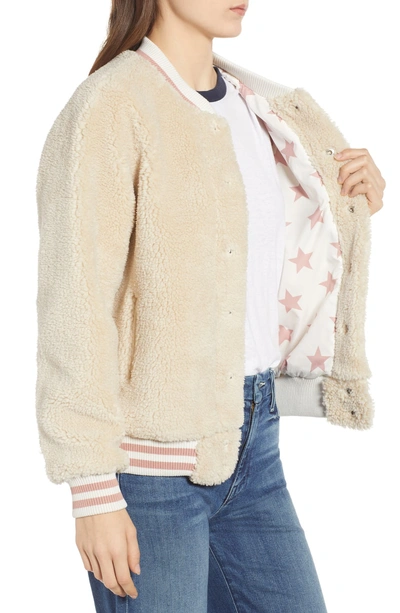 Shop Mother The Snap Faux Shearling Letterman Jacket In Cream Delux Twill