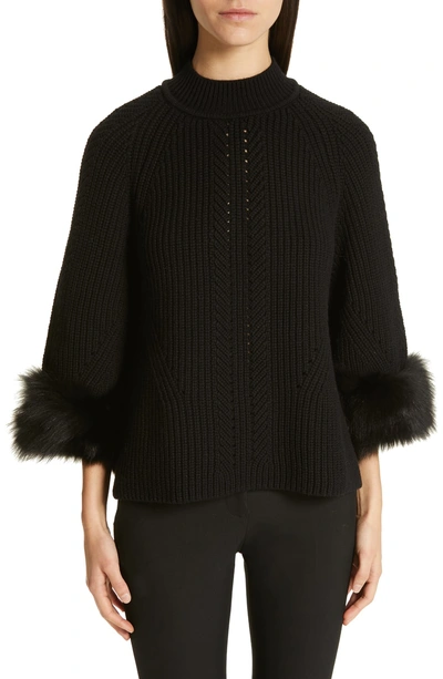 Shop Fendi Genuine Fox Fur Cuff Cashmere Sweater In Black