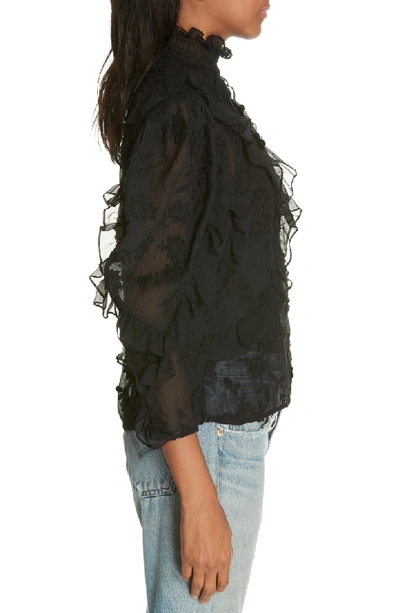 Shop Rebecca Taylor Ruffle Embroidered Silk Top In Black