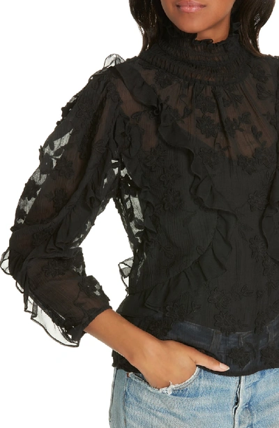 Shop Rebecca Taylor Ruffle Embroidered Silk Top In Black