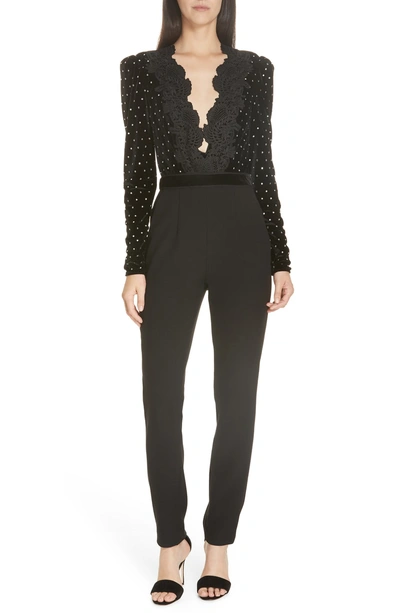Shop Self-portrait Lace Trim Velvet Diamante Jumpsuit In Black