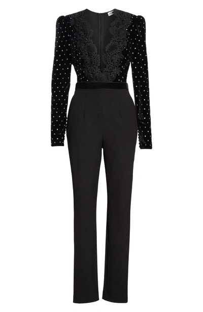 Shop Self-portrait Lace Trim Velvet Diamante Jumpsuit In Black