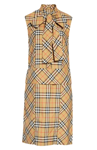 Shop Burberry Luna Tie Neck Check Dress In Antique Yellow Check