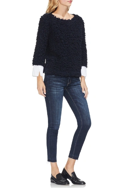 Shop Vince Camuto Woven Cuff Popcorn Knit Top In Classic Navy