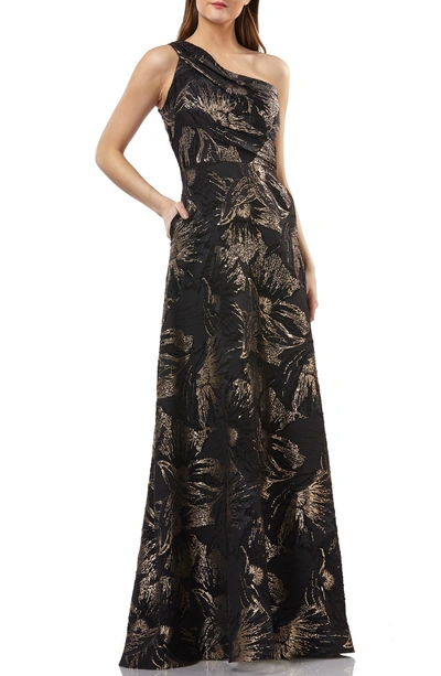 Shop Carmen Marc Valvo Infusion One-shoulder Pleated Brocade Ballgown In Black/ Gold