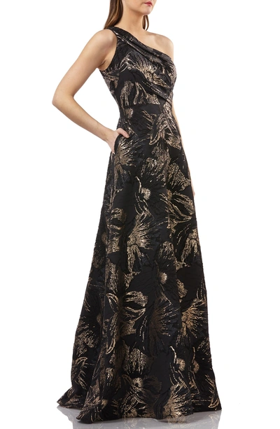 Shop Carmen Marc Valvo Infusion One-shoulder Pleated Brocade Ballgown In Black/ Gold