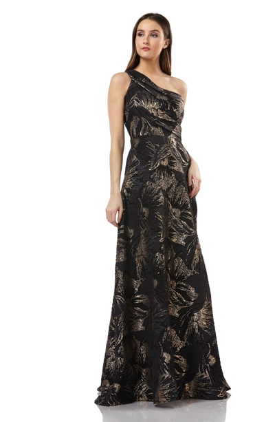 Shop Carmen Marc Valvo Infusion One-shoulder Pleated Brocade Ballgown In Black/ Gold