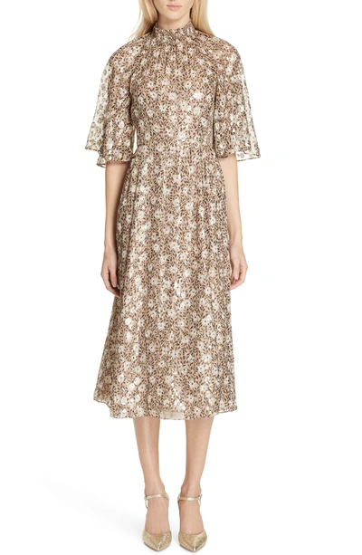 Shop Kate Spade Floral Park Metallic Detail Silk Blend Midi Dress In Roasted Peanut