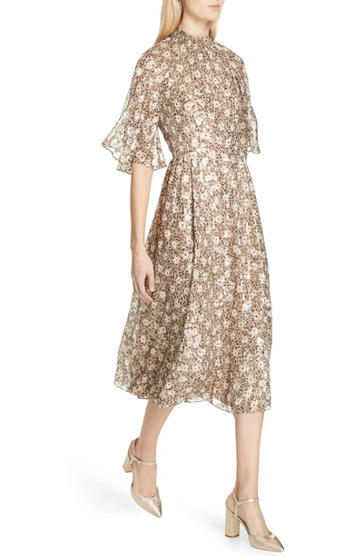 Shop Kate Spade Floral Park Metallic Detail Silk Blend Midi Dress In Roasted Peanut