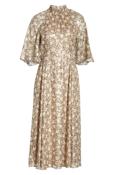 Shop Kate Spade Floral Park Metallic Detail Silk Blend Midi Dress In Roasted Peanut